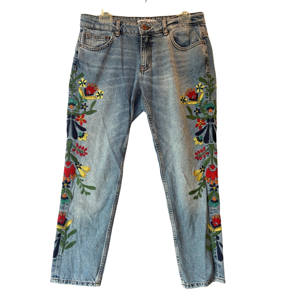Zara Basic Z1975 Denim Floral Embroidered Straight Leg Jeans Light Wash Size 6